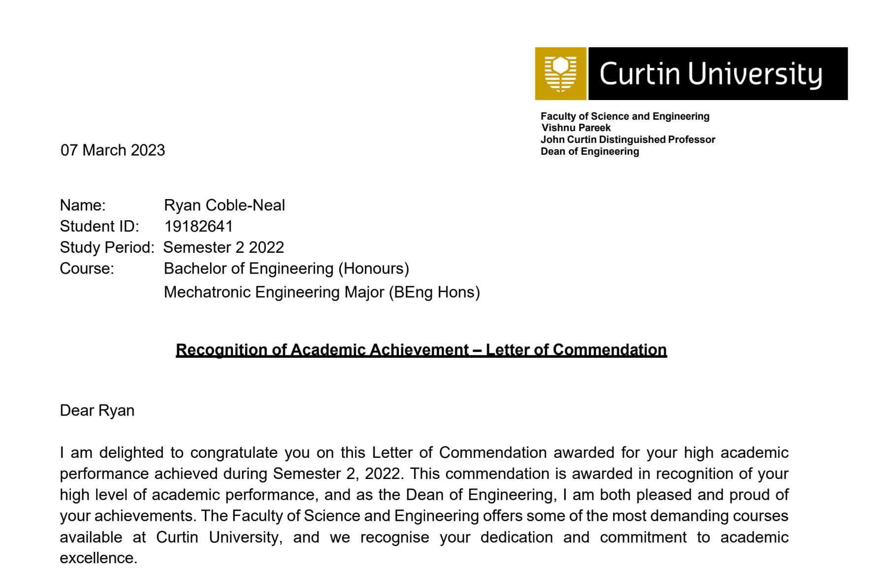 Letter of Commendation